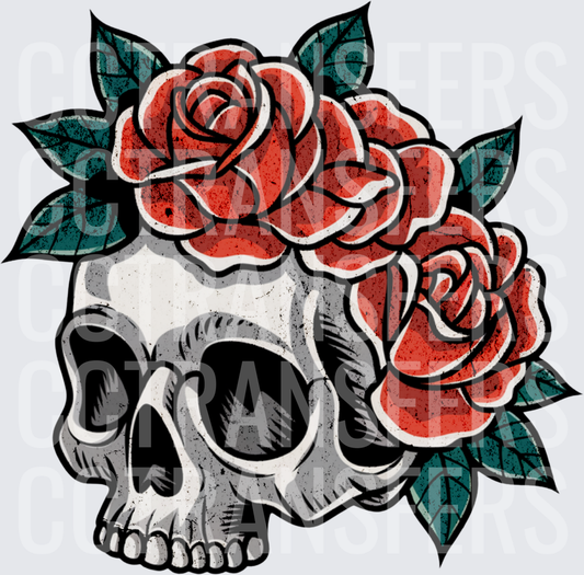 Traditional Skull with Red Roses and Teal Leaves (DTF)