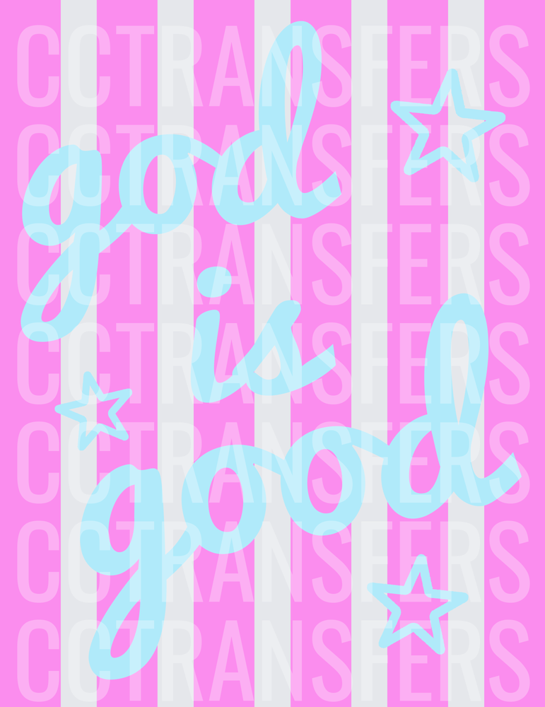 God Is Good Baby Blue Script Pink Stripe Stars (DTF)