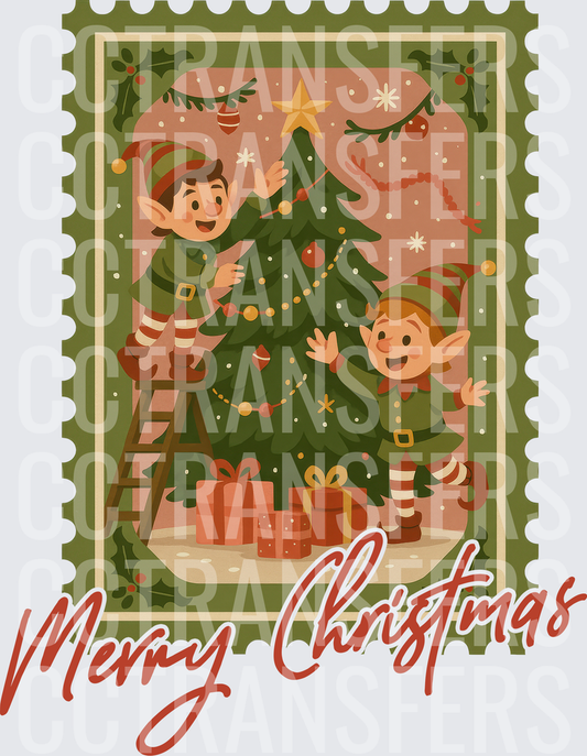 Merry Christmas Elves Decorating Tree Vintage Stamp (DTF)