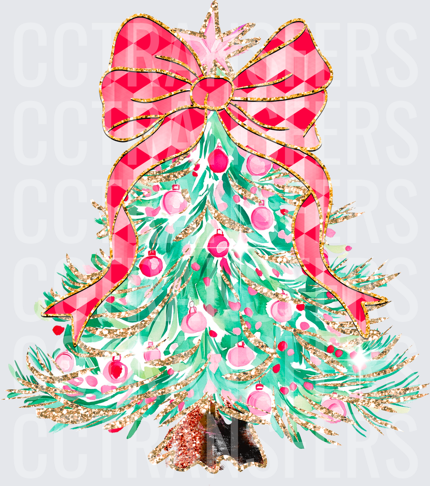 Watercolor Christmas Tree Pink Bow Gold Glitter Ornaments (DTF)