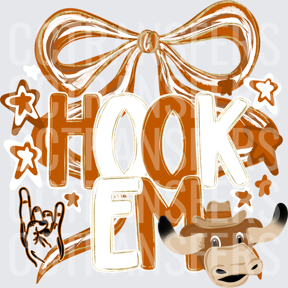 Hook Em Longhorn Bow Stars Hand Sign Burnt Orange (DTF)