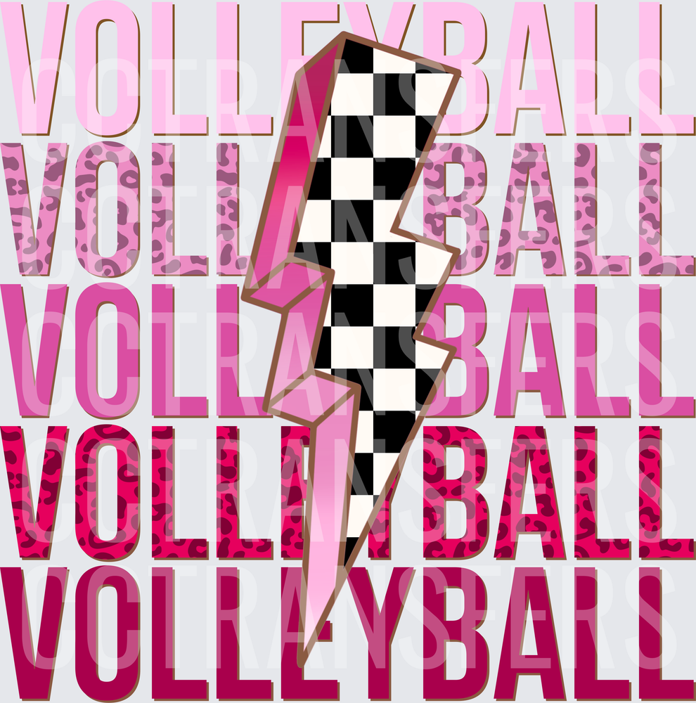 Volleyball Repeat Stacked Pink Leopard Checkered Lightning Bolt (DTF)