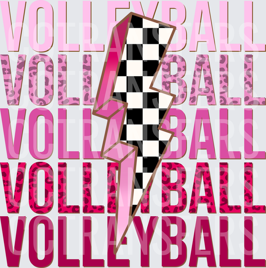 Volleyball Repeat Stacked Pink Leopard Checkered Lightning Bolt (DTF)