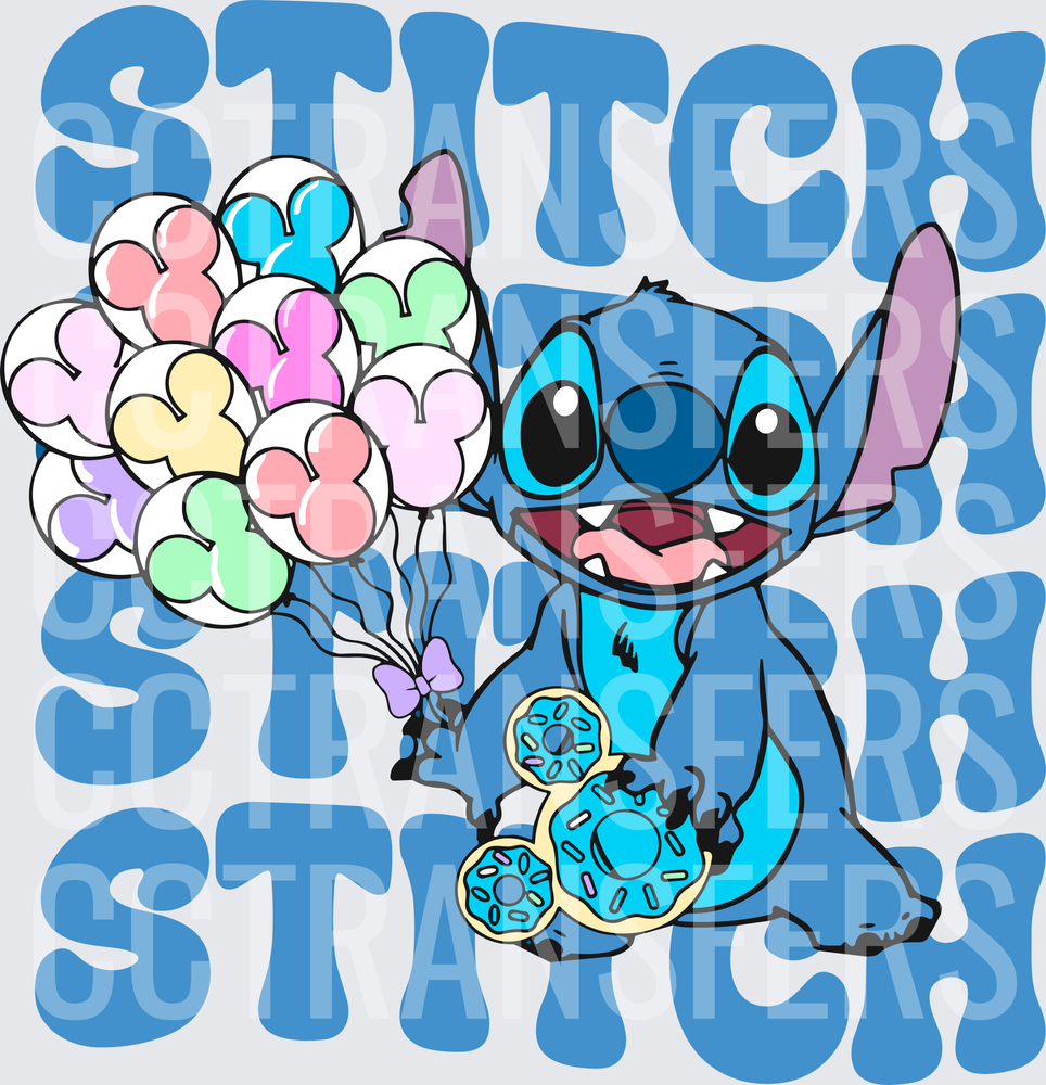 Stitch Blue Alien Balloons Donuts Retro Word Stack (DTF)