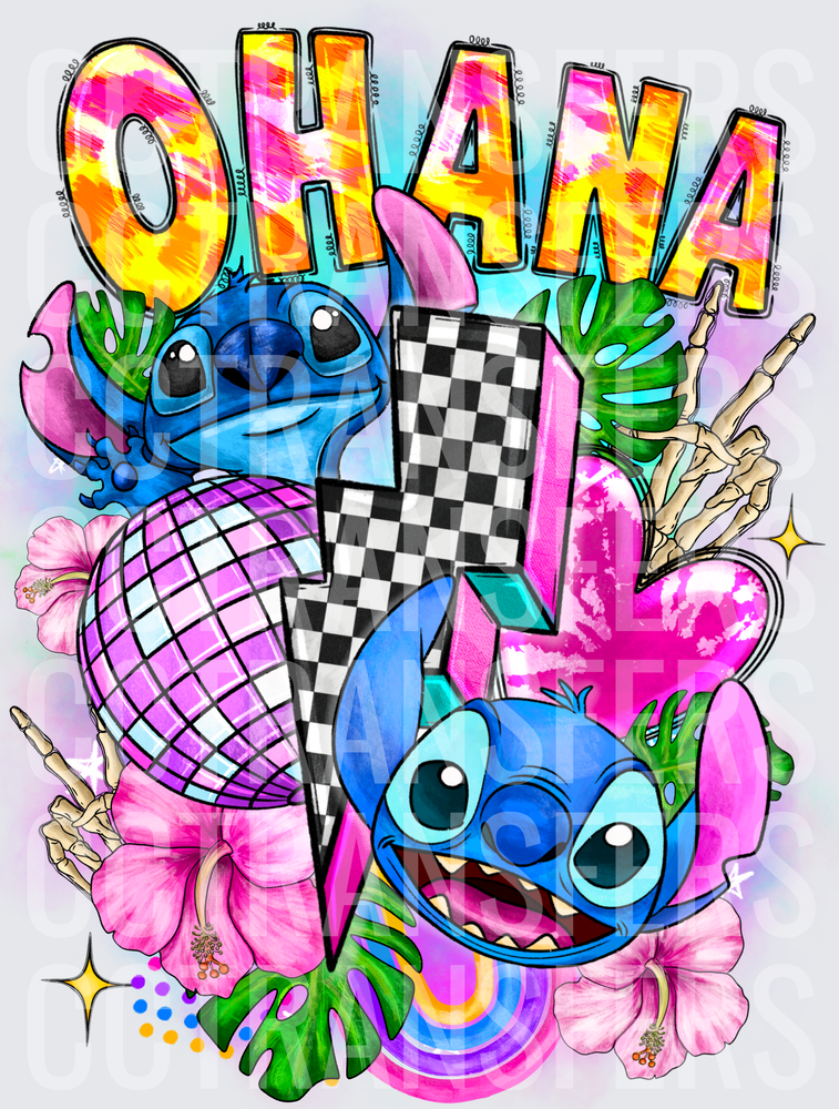 Ohana Blue Alien Disco Ball Checkered Lightning Bolt Floral (DTF)