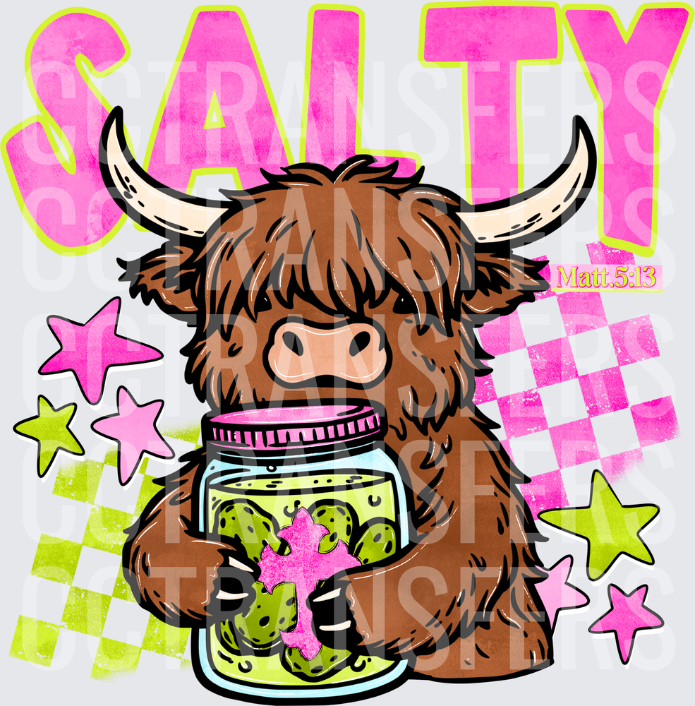 Salty Highland Cow Holding Pickle Jar Matt 5:13 (DTF)