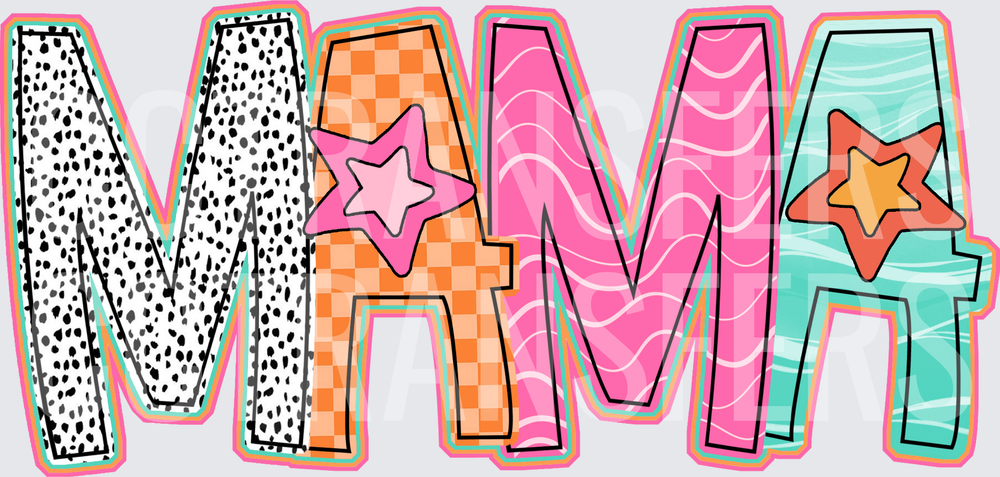 Mama Retro Patchwork Stars Colorful Bold Letter Design (DTF)