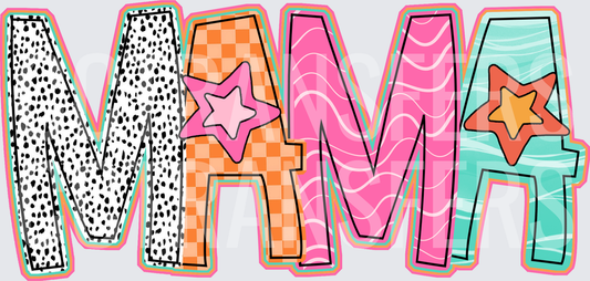 Mama Retro Patchwork Stars Colorful Bold Letter Design (DTF)