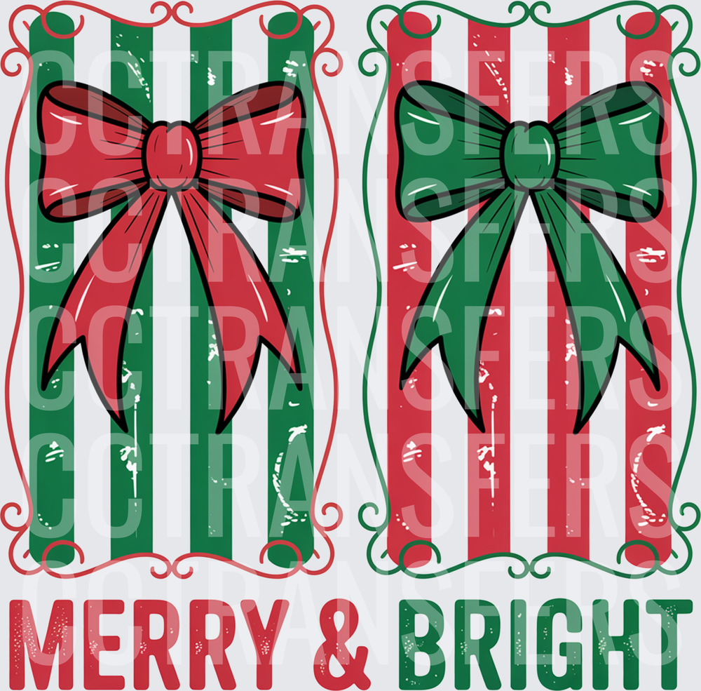 Merry & Bright Dual Christmas Bow Stripe Frames (DTF)