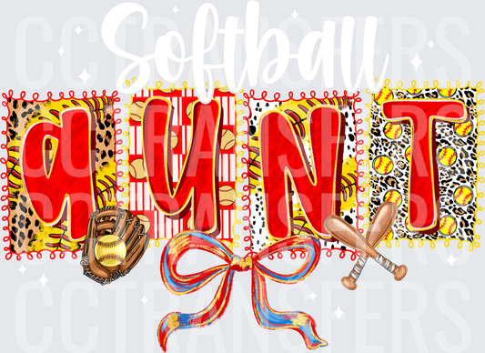 Aunt Softball Leopard Patchwork Bow Crossed Bats (DTF)