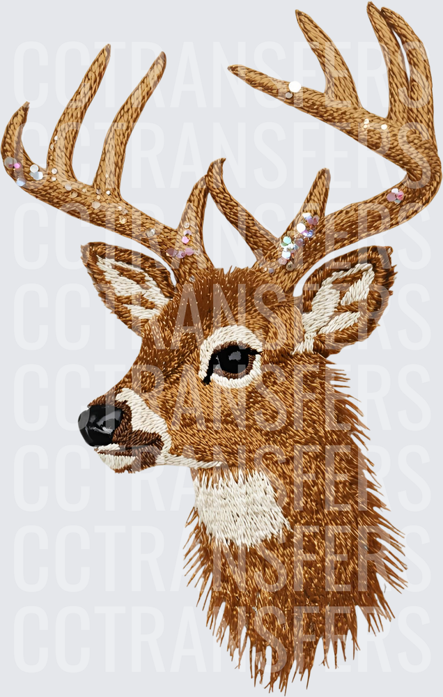 Embroidered Buck Head Portrait with Glitter Antlers (DTF)