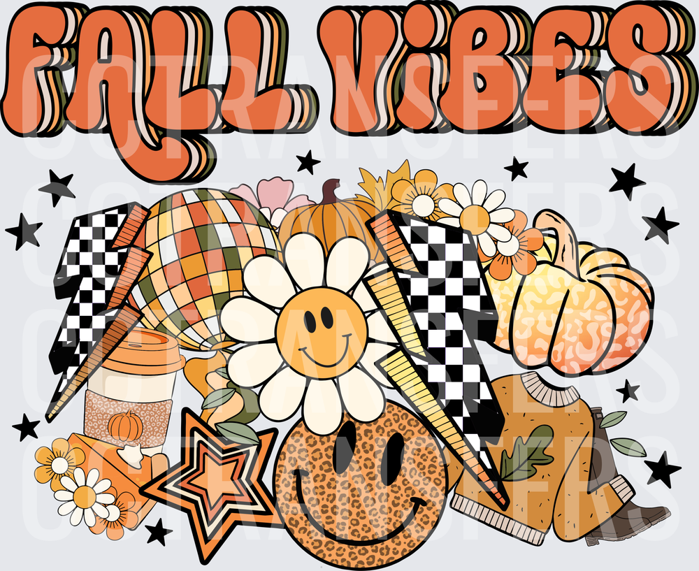 Fall Vibes Retro Groovy Smiley Pumpkin Floral (DTF)