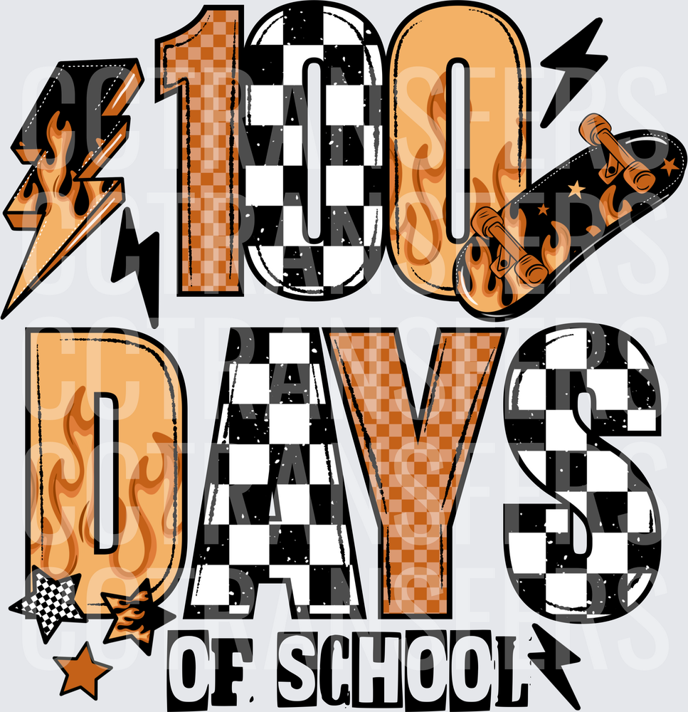 100 Days of School Retro Checker Flame Skate (DTF)