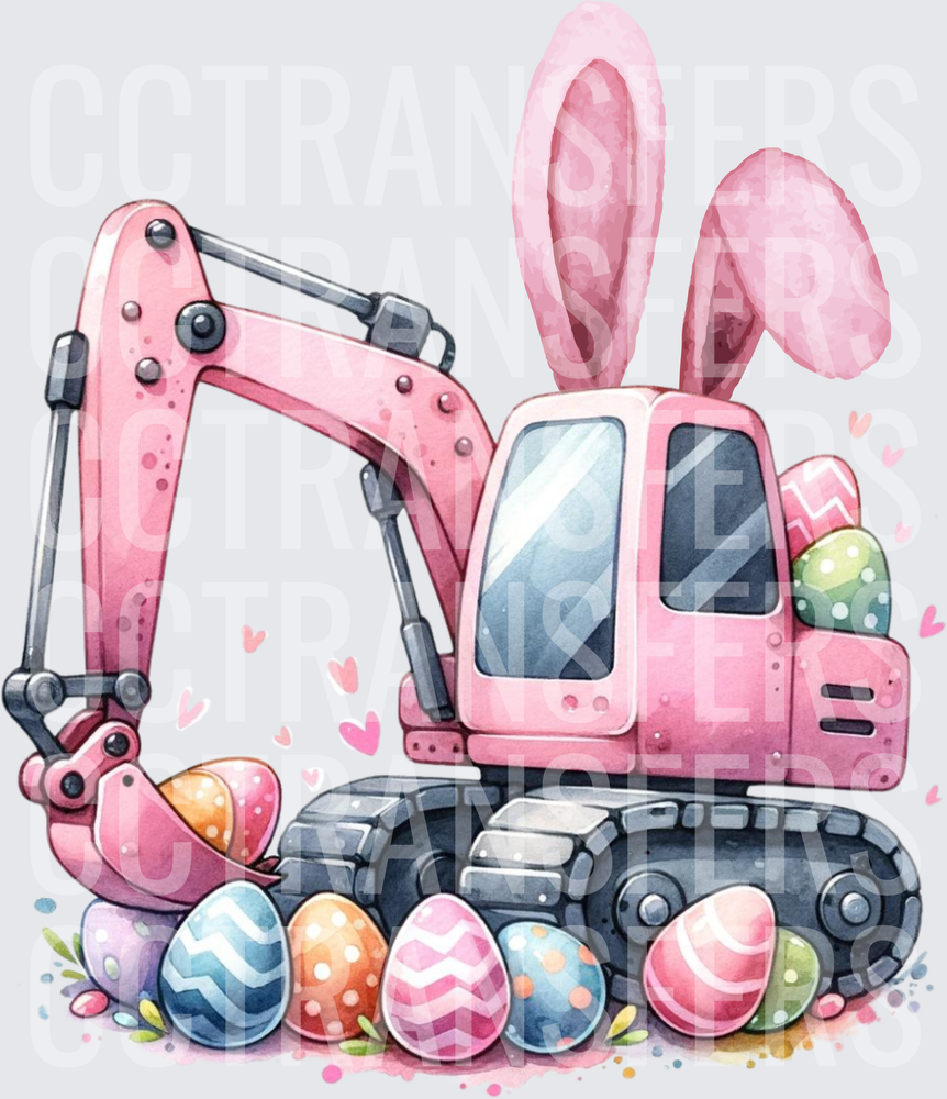 Pink Easter Bunny Excavator with Colorful Eggs (DTF)