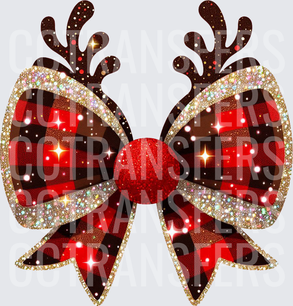 Glitter Buffalo Plaid Reindeer Bow with Red Nose (DTF)