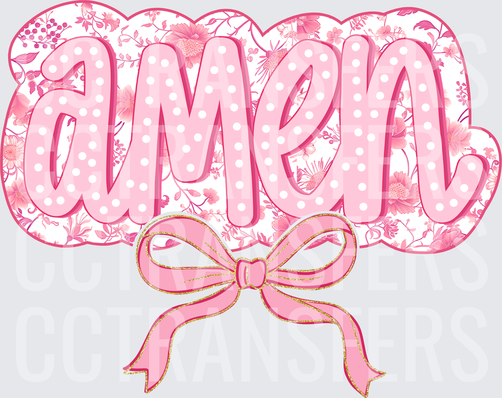 Pink Polka Dot Floral Amen Script with Gold Glitter Bow (DTF)