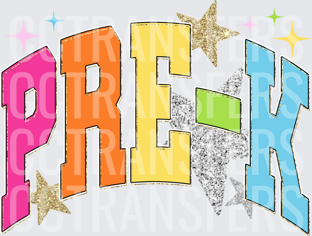Colorful Varsity PRE-K Bold Letters Glitter Stars (DTF)