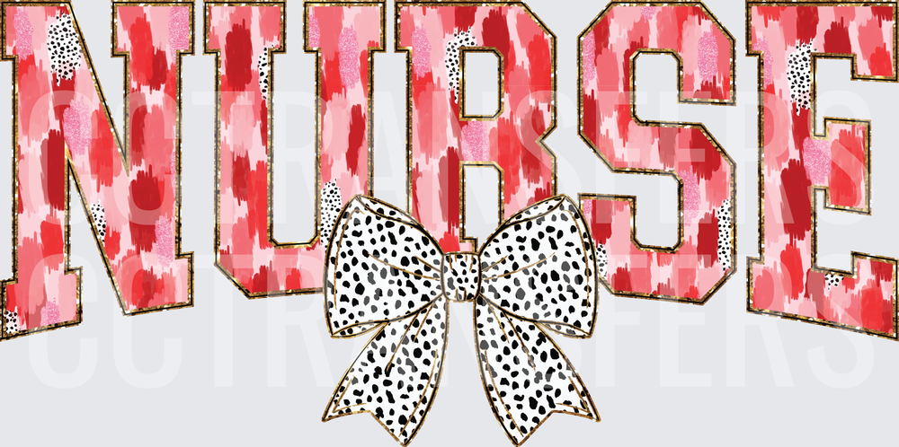 Nurse Bold Varsity Letters Pink Red with Spotted Bow (DTF)