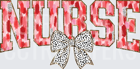 Nurse Bold Varsity Letters Pink Red with Spotted Bow (DTF)