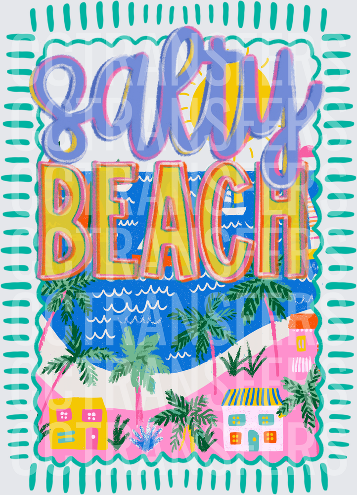 Salty Beach Colorful Coastal Town Palm Trees Ocean (DTF)