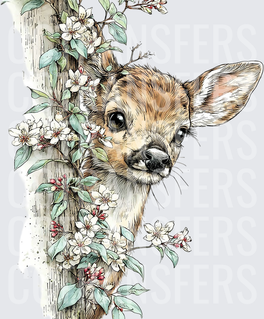 Cute Baby Fawn Peeking Around Floral Tree Branch (DTF)