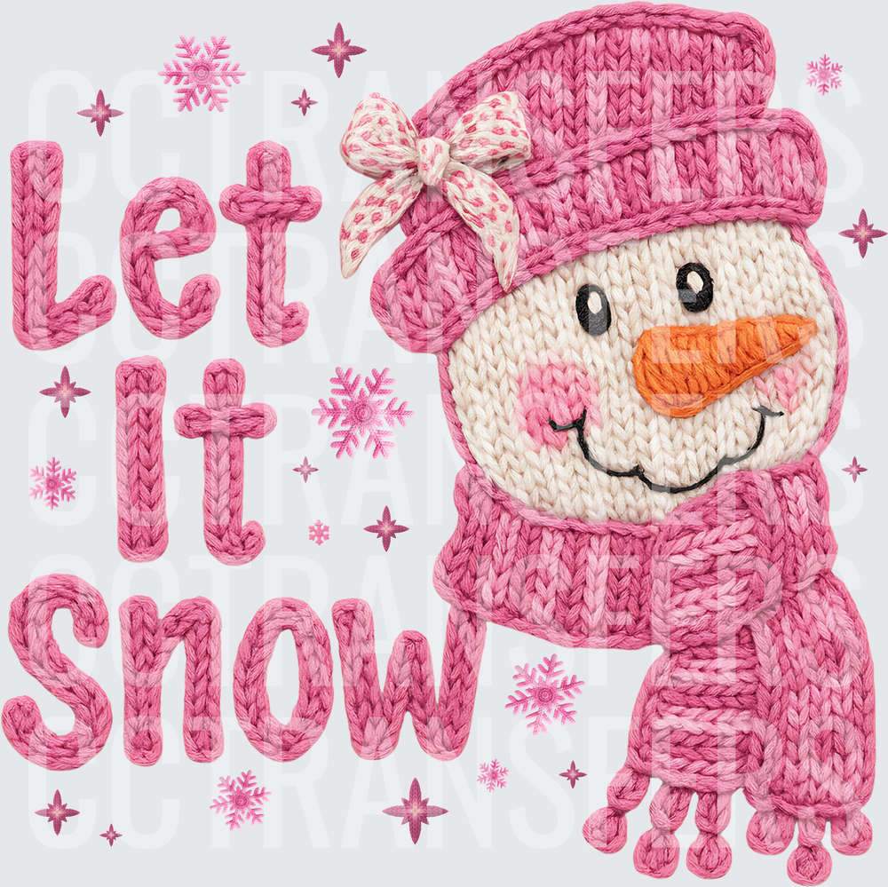 Let It Snow Pink Knit Snowman with Bow Hat (DTF)