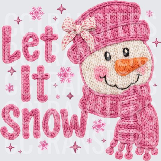 Let It Snow Pink Knit Snowman with Bow Hat (DTF)