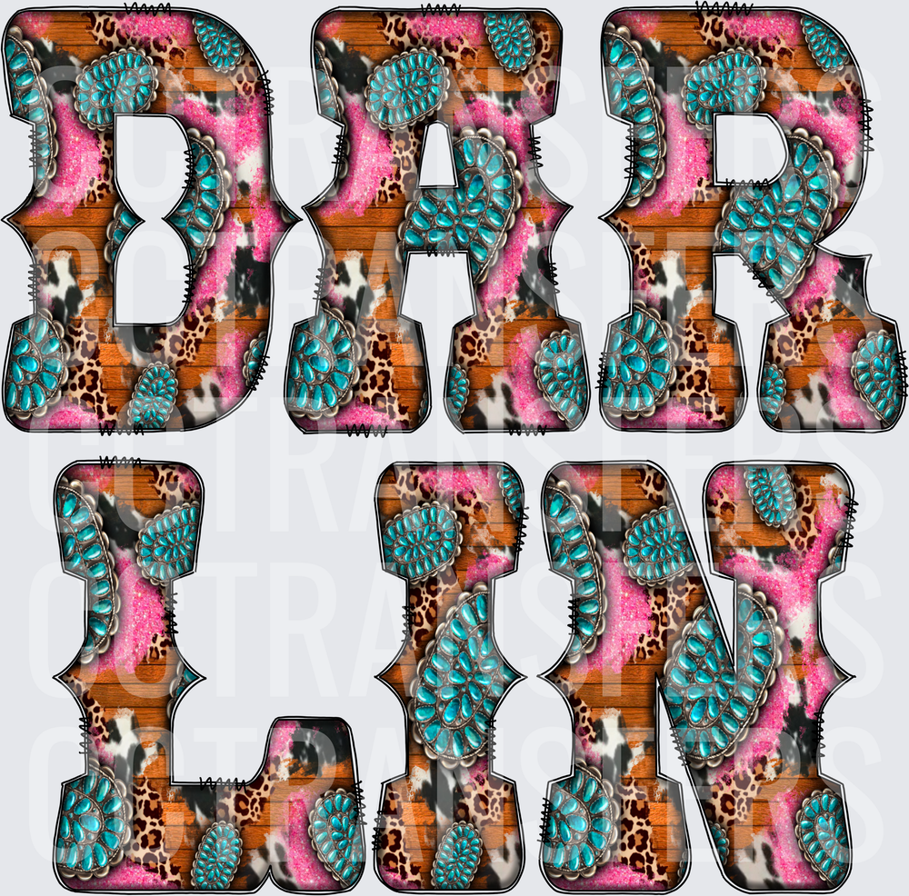 Darlin Western Turquoise Squash Blossom Leopard Letters (DTF)