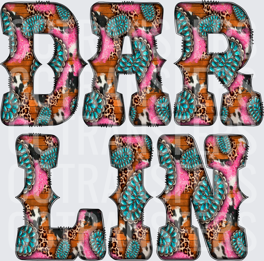 Darlin Western Turquoise Squash Blossom Leopard Letters (DTF)