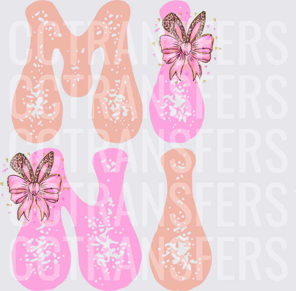 Bleached Pink Letter M N I with Leopard Bow (DTF)