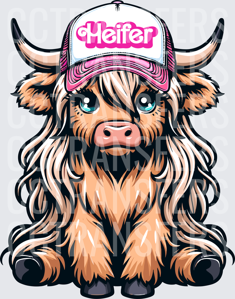 Cute Highland Cow Heifer Pink Trucker Hat (DTF)