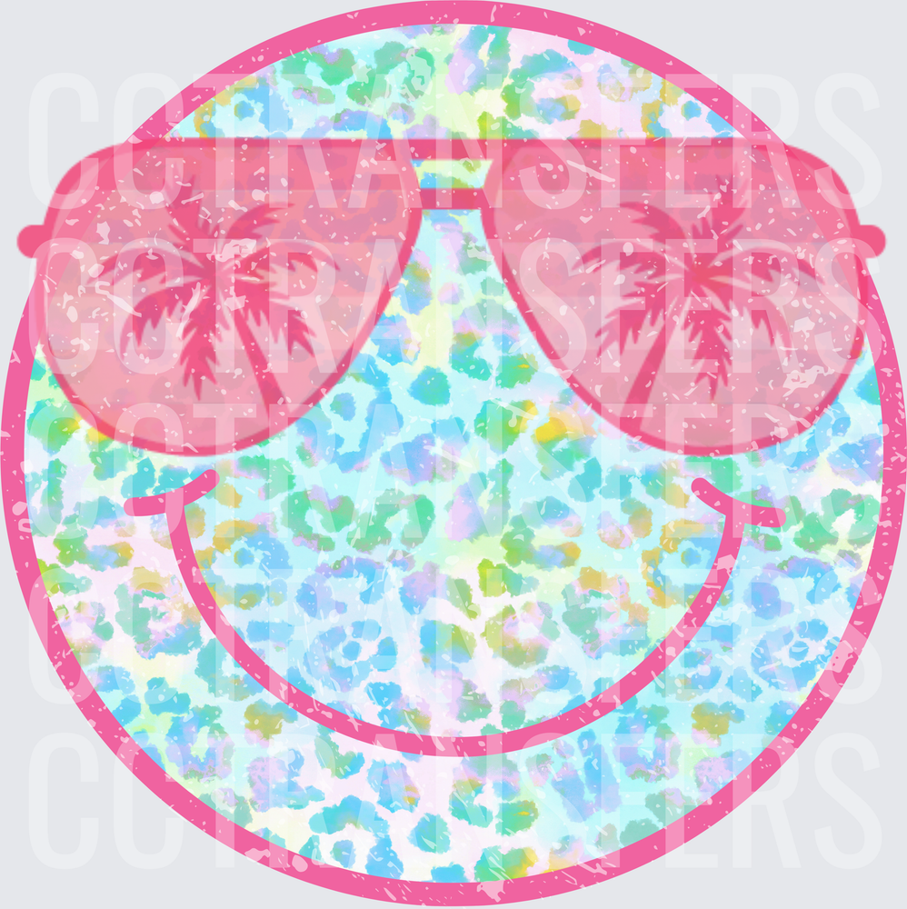 Pastel Leopard Smiley Face Pink Aviators Palm Tree Reflection (DTF)
