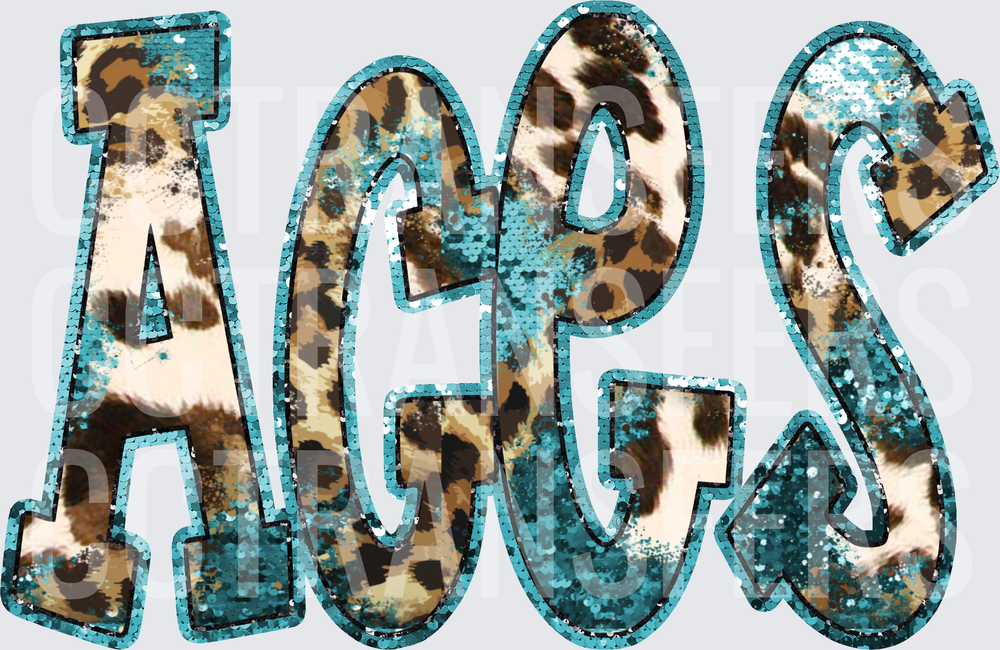 ACES Teal Sequin Leopard Cowhide Letters (DTF)