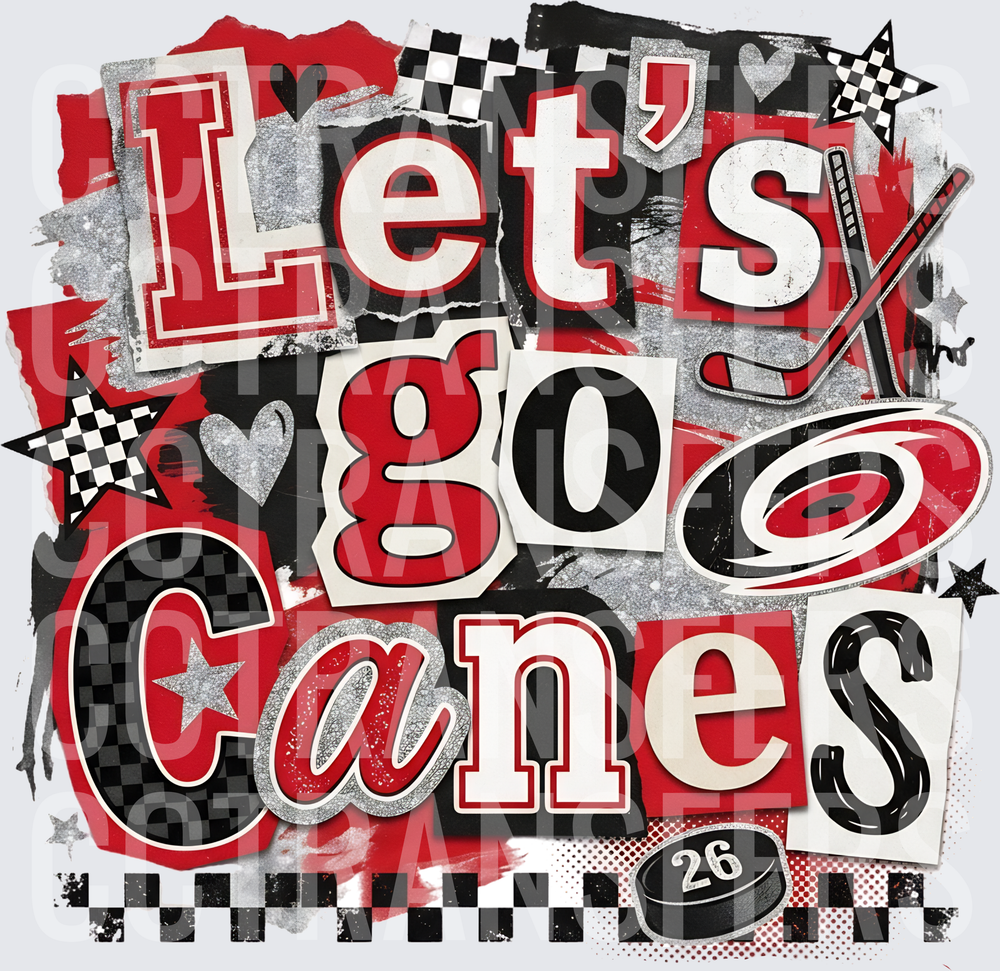Let's Go Canes Hockey Collage Red Black Checker (DTF)