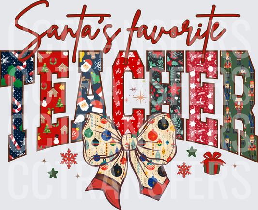 Santa's Favorite Teacher Christmas Patterned Bold Letters (DTF)