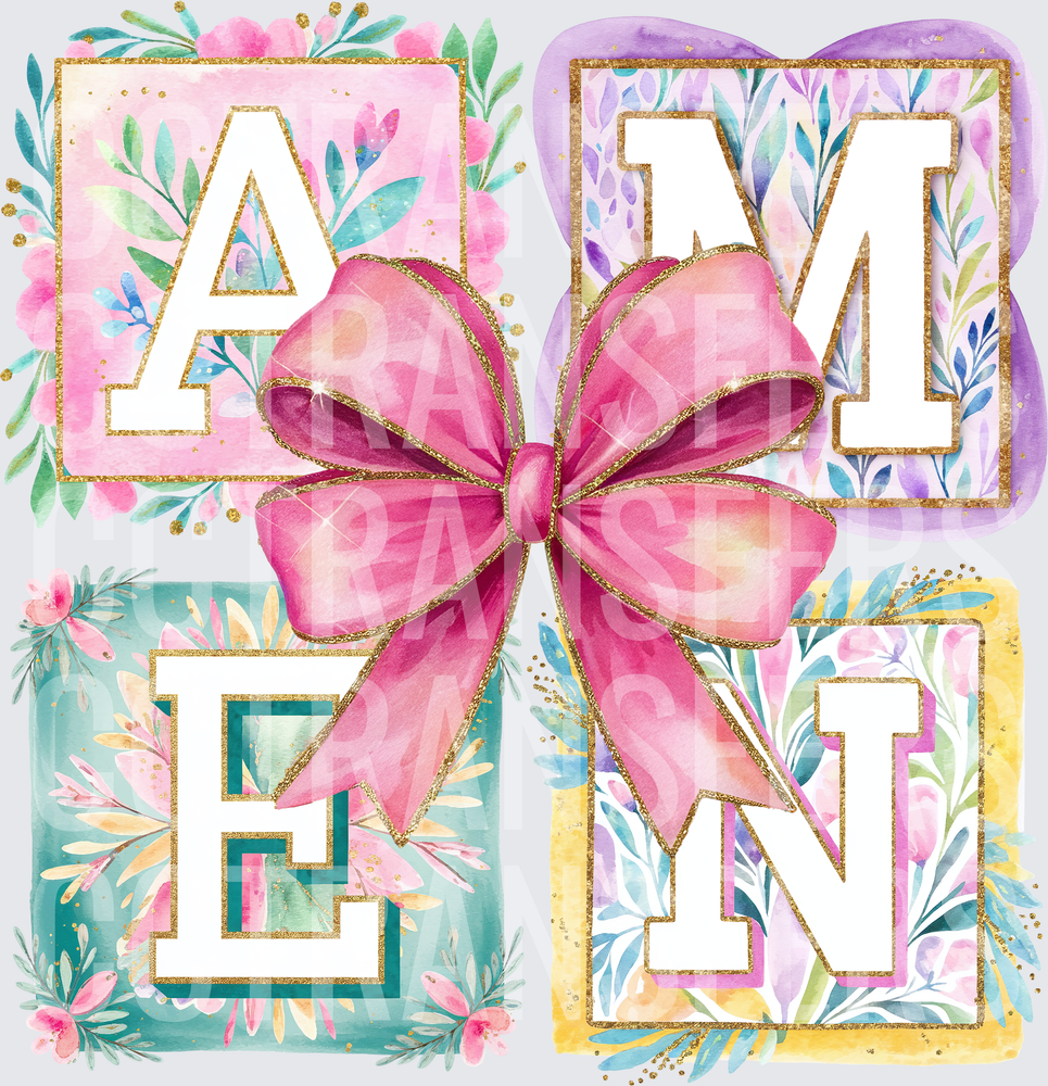 Watercolor Floral AMEN Letter Blocks with Pink Bow (DTF)