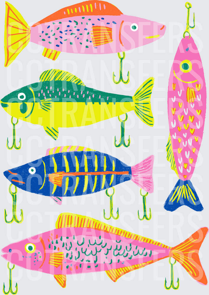Colorful Retro Fishing Lures Fish Hook Illustration (DTF)