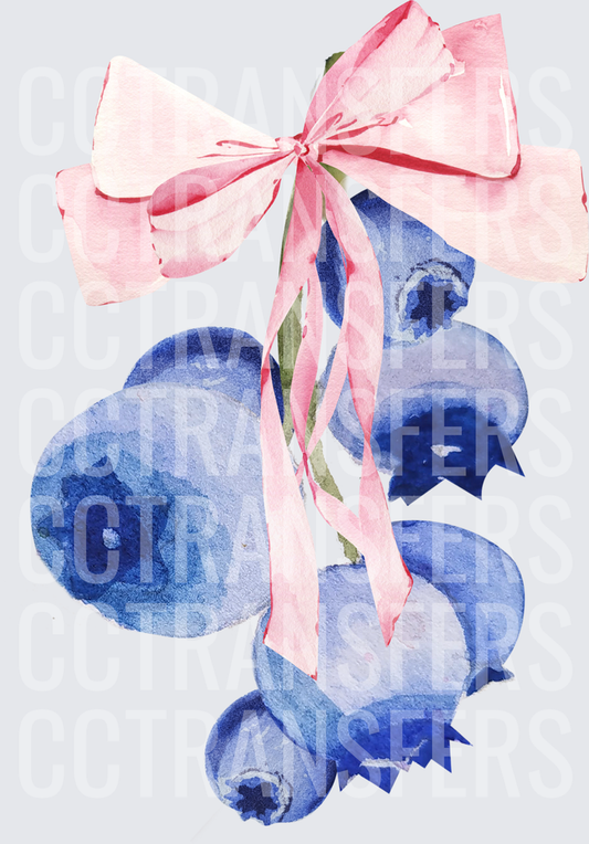 Watercolor Blueberries with Pink Ribbon Bow (DTF)
