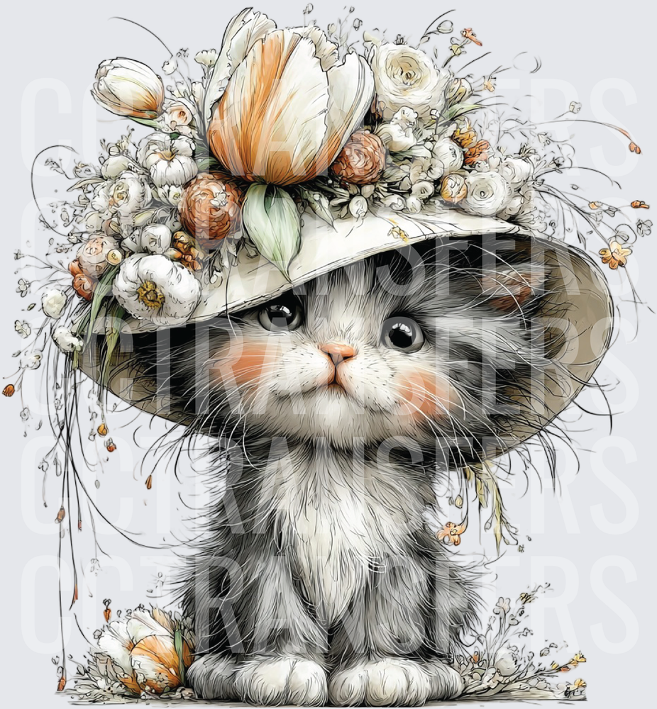 Fluffy Gray Kitten Wide Brim Floral Hat Illustration (DTF)