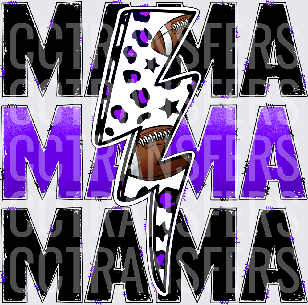 Football Mama Lightning Bolt Leopard Purple Stacked (DTF)