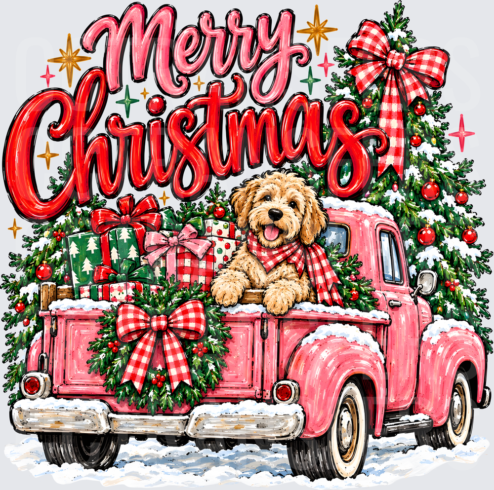 Merry Christmas Goldendoodle Pink Vintage Truck (DTF)