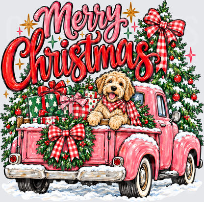 Merry Christmas Goldendoodle Pink Vintage Truck (DTF)