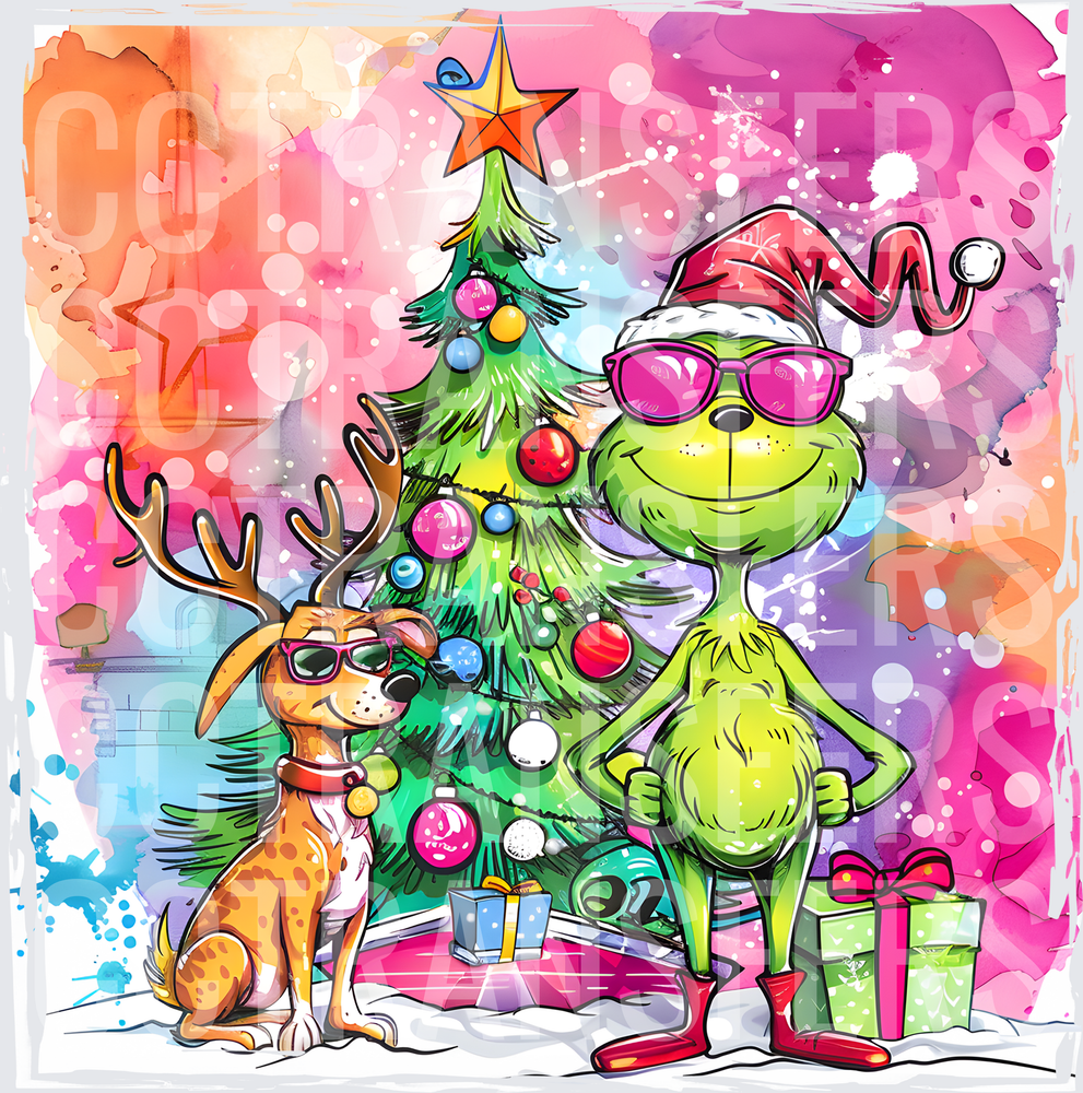 Groovy G-Man & Reindeer Dog Christmas Tree Watercolor (DTF)