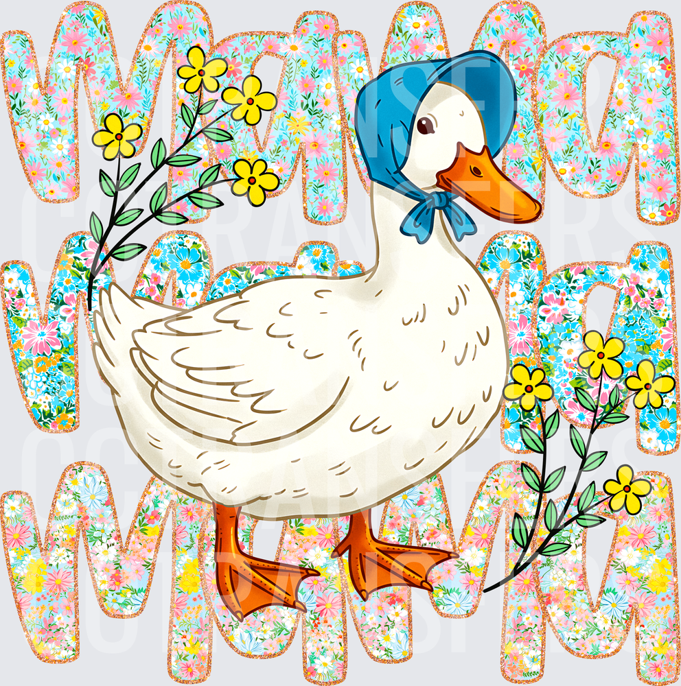 Floral Mama White Goose Blue Bonnet Yellow Flowers (DTF)