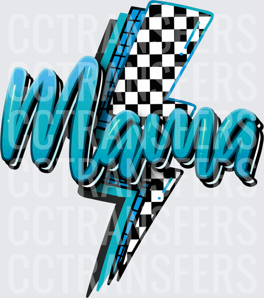 Mama Teal Script Black White Checkered Lightning Bolt (DTF)
