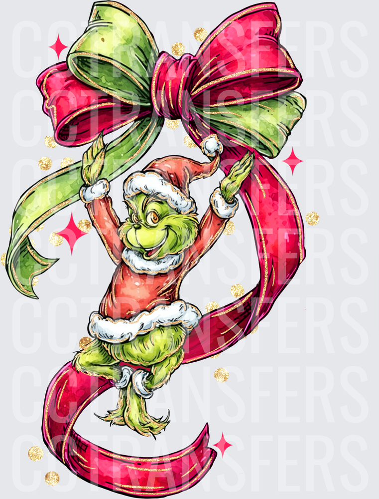 G-Man Hanging on Christmas Ribbon Bow with Sparkles (DTF)