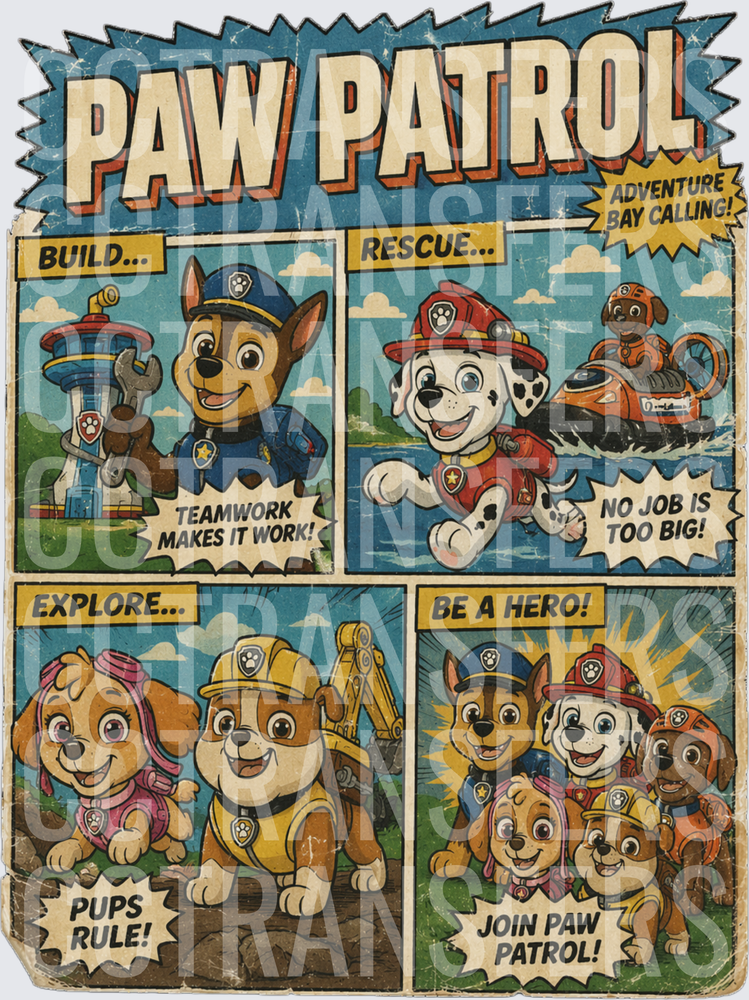 Pup Squad Comic Vintage Adventure Bay Calling Build Rescue (DTF)
