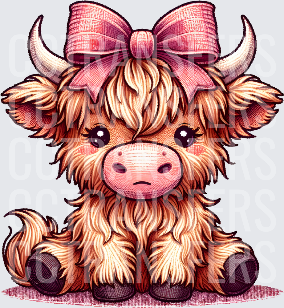 Cute Fluffy Highland Cow with Pink Plaid Bow (DTF)