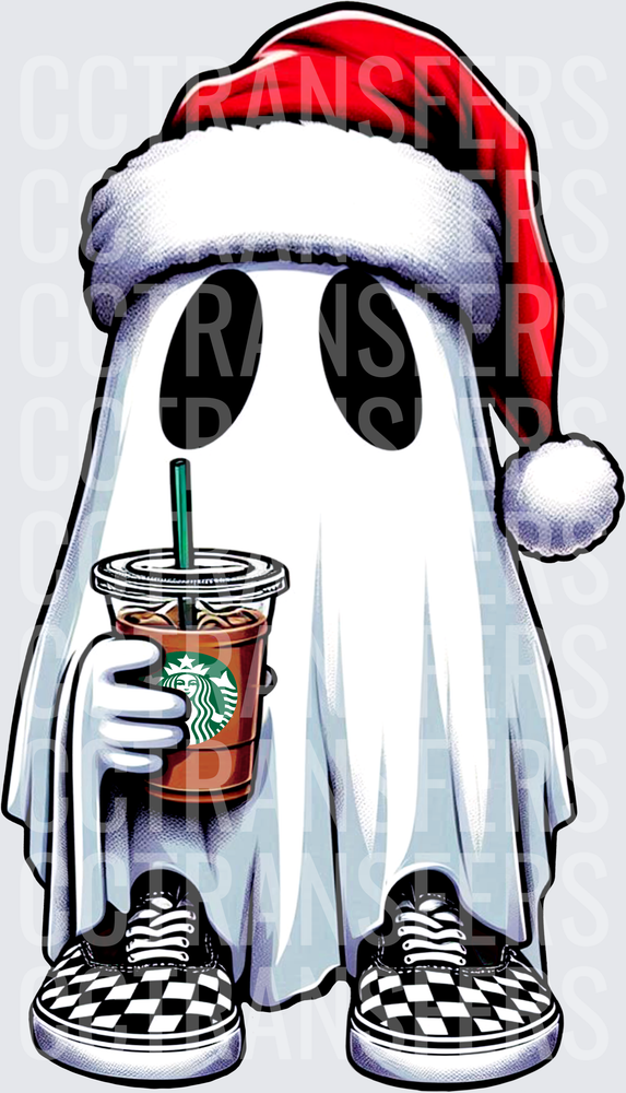 Cute Ghost Santa Hat Iced Coffee Checkered Sneakers (DTF)