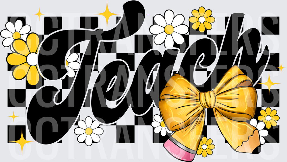 Teach Script Gold Bow Pencil Checkered Daisy Floral (DTF)